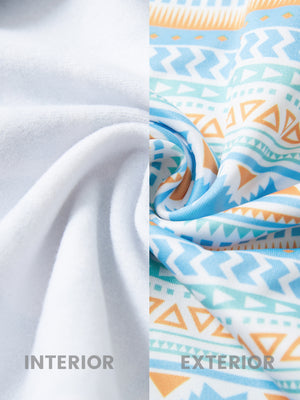 Fabric close-up of trendy print fleece hoodies, plush texture with warm ethnic feel