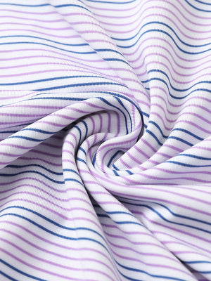 Fabric close-up of Performance stripe golf shirts with breathable weave in pinkish purple cobalt stripe