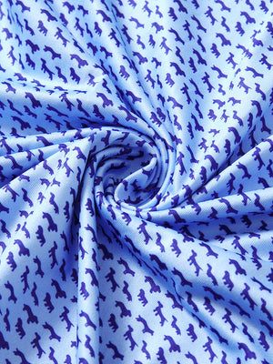 Fabric detail of Stylish print boys polo shirts with soft feel and bluejay navy dogs pattern