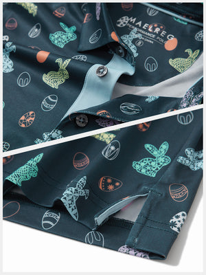 Detail: collar and hem slit of easter bunny eggs performance print boys golf polo