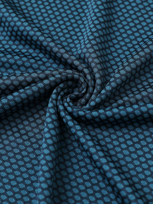 Close-up of navy blue your favorite jacquard polo fabric showing textured knit and soft finish.