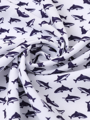 Fabric close-up of Stylish printing summer shirt with lightweight feel in white purple shark