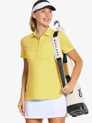 Front half-body of model in YELLOW Women's Performance Solid Polo holding golf club