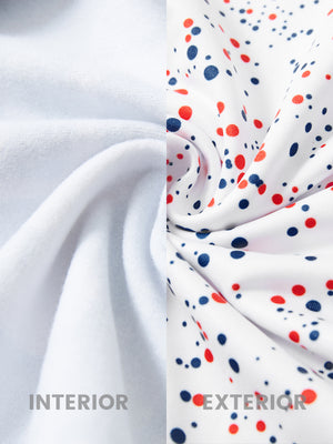 Close-up of the inner and outer fabric of youth full print stylish hoodies pullover in white polka dots, showing texture and finish