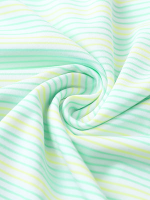 Close-up fabric detail of performance stripe golf shirts, breathable texture with soft aqua blue yellow stripe finish