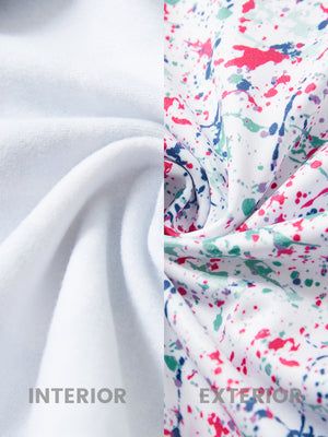 Close-up of the inner and outer fabric of youth full print stylish hoodies pullover in white painting, showing texture and finish