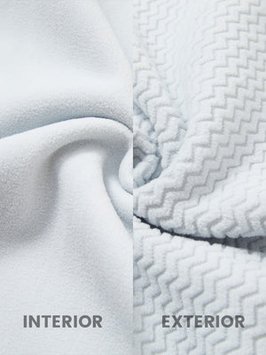 Close-up fabric detail of soft winter fleece jackets, plush texture with warm feel in light grey