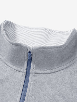 Collar detail close-up in lunar rock melange lightweight sleeveless quarter zip golf vest