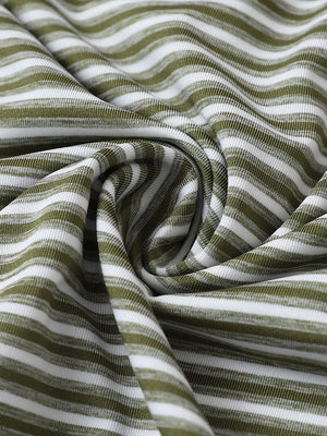 Close-up of olive green stripe sport fit stripe polo fabric showing crisp horizontal stripes and smooth, breathable texture.