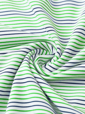 Fabric close-up of Performance stripe golf shirts with breathable weave in fruit green navy strip