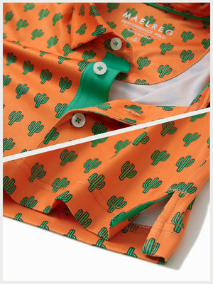 Detail: collar and hem slit of orange cactus performance print boys golf polo