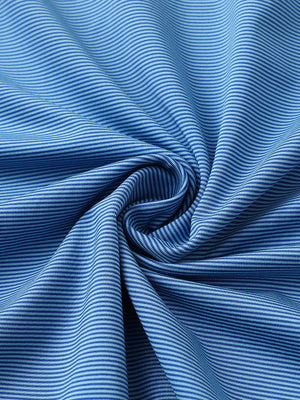 Fabric close-up of pinstripe jersey performance polo, fine stripe pattern with breathable aqua stripe finish