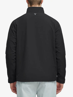 Back half-body shot of the model showcasing the sleek fit of the Black Softshell Jacket