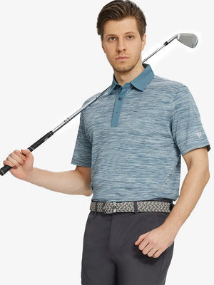 Half-body front shot with golf club, wearing SLATE GREEN HEATHER Cool Heather Texture Polo