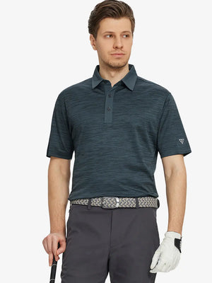 Half-body front pose with golf club, styled in JUNGLE GREEN HEATHER Cool Heather Texture Polo
