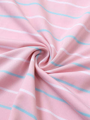 Fabric detail of kids stylish stripe polo shirts, soft striped weave with light pink stripeaccent