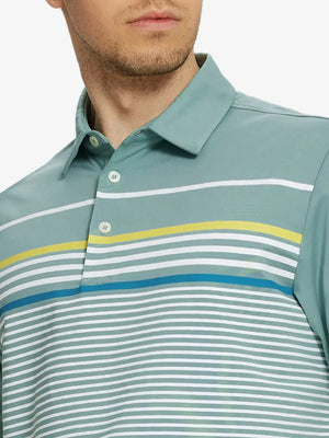 Front chest view of model wearing Chest Print Polo Shirts in Beryl Green