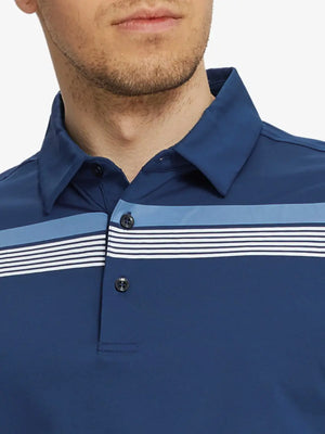 Front chest view of model wearing Chest Print Polo Shirts in Blue