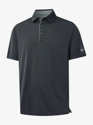3D view highlighting Modern Fit Melange Polo in BLACK HEATHER, showcasing unique weave and tailored fit.