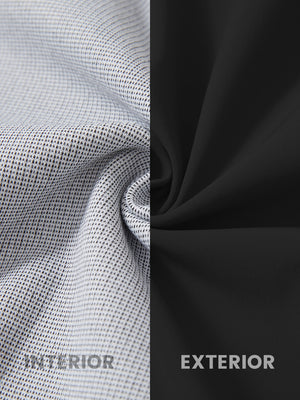 Close-up of fabric on water-resistant heat-tech softshell winter jacket with hood, showing texture in black.