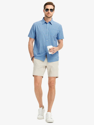 Full-body front view holding a takeaway drink cup, wearing BLUE WHITE BONEFISH Stylish Printing Summer Shirt.