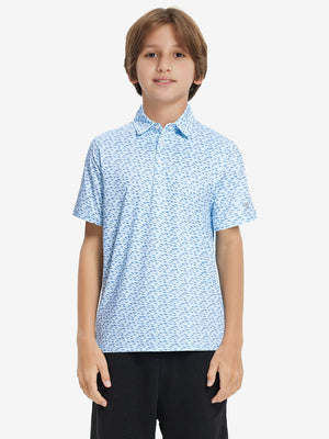 Front half-body shot of youth in blue dinosaur performance print boys golf polo, highlighting design and fit