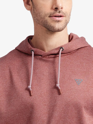 Front view from nose to chest of model wearing Classic Heather Fleece Hoodie in Brick Heather