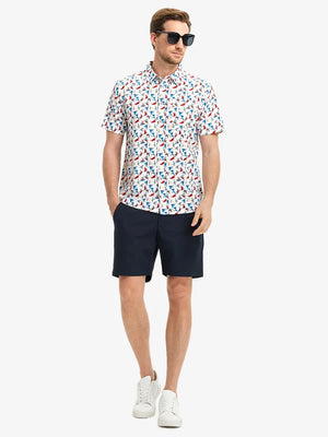 Full-body front view holding a takeaway drink cup, wearing COLORFUL WILD GOOSE Stylish Printing Summer Shirt.