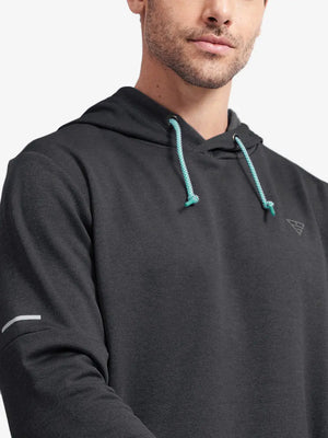 Front view from nose to chest of model wearing Classic Heather Fleece Hoodie in Dark Grey Heather