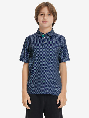 Front half-body shot of youth in green seahorse performance print boys golf polo, highlighting design and fit