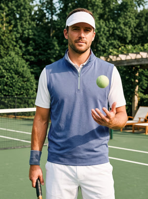 Front upper body shot of model wearing navy melange lightweight sleeveless quarter zip golf vest on the golf course, holding a golf club in one hand and tossing a golf ball with the other hand