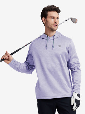 Half-body front shot highlighting lavender Heather pullover’s cozy fleece texture and relaxed fit