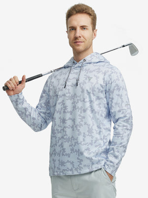 Full body model holding a golf club, wearing trendy print fleece hoodies in grey white camouflage