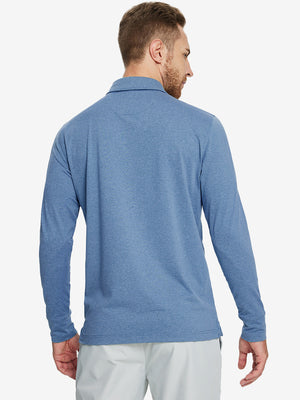 Back upper body of Skin-friendly long sleeve melange polo with smooth blue heather finish