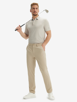 Full-body shot of a model wearing the oyster gray everyday classic solid polo, showing the complete casual look
