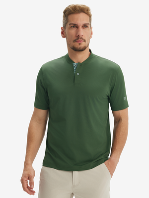 Front half-body view of model wearing army green Moisture-Wicking Henley.