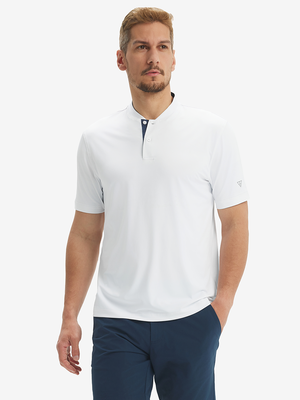 Front half-body of model wearing white moisture-wicking short sleeve henley shirt