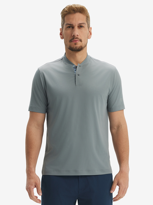 Front half-body view of model wearing grey moisture-wicking short sleeve henley shirt