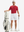 Full-body front view: model in red moisture-wicking short sleeve henley shirt with golf bag.