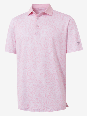 3D view of pink artichoke lightweight stretch upgraded print golf polo shirts.