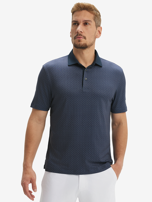 Front half-body of model in dark blue windmill lightweight stretch upgraded print golf polo shirts