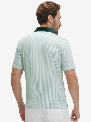 Back half-body of model in white green lines lightweight stretch upgraded print golf polo shirts