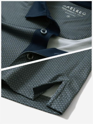 Detail: collar and hem slit of gray geo lightweight stretch upgraded print golf polo shirts