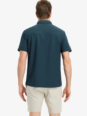 Half-body back view displaying the clean lines of the BLUE INDIGO polo.