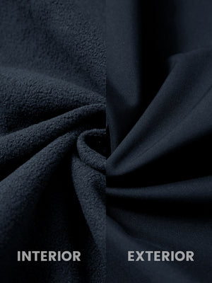 Fabric close-up of reflective hooded softshell jacket, showing texture and finish in navy.