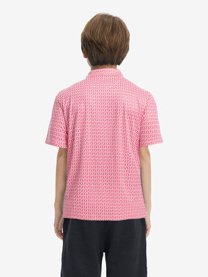 Back upper view of Stylish print boys polo shirts with clean lines and red lobster tone