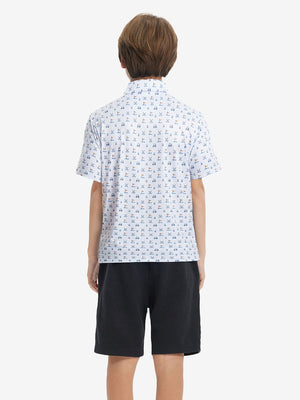 Back half-body view of youth wearing white golf performance print boys golf polo, showing rear design