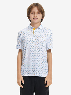 Front half-body shot of youth in white golf performance print boys golf polo, highlighting design and fit
