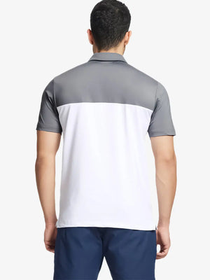 Back half-body view wearing WHITE Premium Performance Polo