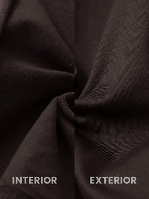 Close-up of fleece-lined fabric on women's lightweight puffer jacket, showing texture in coffee brown.